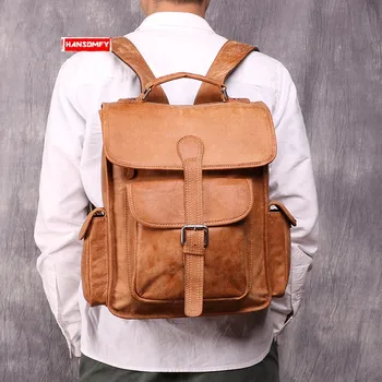 

2020 Retro Genuine Leather Men's Backpack Outdoor Casual Men Shoulder Bag 14 Inch Computer Travel Backpacks First Layer Leather
