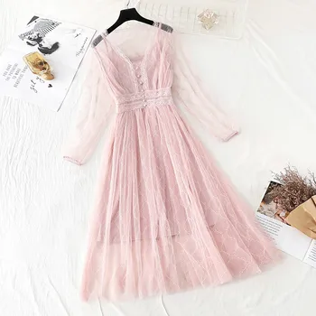 

2020 Spring Summer New Solid color Mesh Dress Women Sling Two Piece Set Sweet Lace Dresses Elegant Long sleeve Party Dress D3650