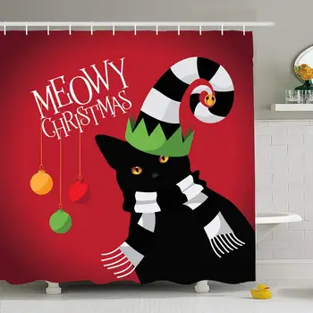 

Shower Curtain Set with Hooks 60x72 Meowy Clipart Christmas Cute Bad Silly Wearing Hat Scarf Animals Animal Wildlife Xmas
