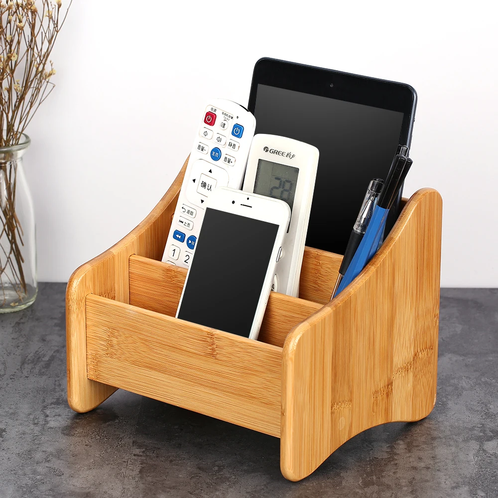 

3 Compartments Storage Box Remote Control Holder Bamboo Wood Makeup Organizer Stationery Holder Telecontroller Storage Rack
