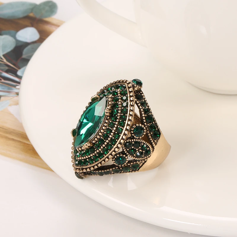 Antique Ring crystal rings bohemian rings stone rings fashion rings gold rings wedding rings fashion ring finger rings metal rings For Women Vintage Look AAA Green Crystal Boho Jewelry Gold Color Charm Ethnic