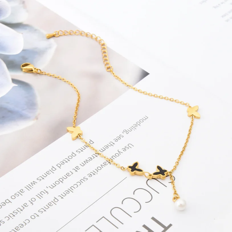 Ankle Chains 316L Stainless Steel New Fashion High-end Jewelry Numerous Butterflies Pearl Tassel Charm Chain Elegant Anklet For Women