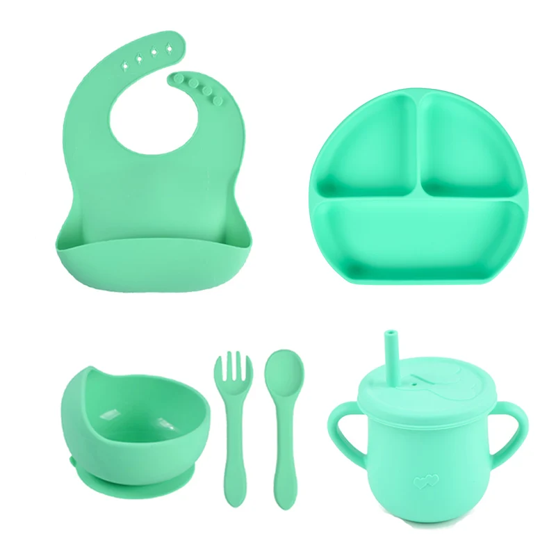 6PCS/Set Baby Silicone Tableware Cup  Bowl Plate/Tray Bibs Spoon Fork Sets Children Non-slip Feeding BPA Free Dinnerware Dinner