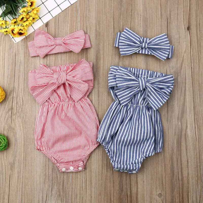 Newborn Infant Baby Girls Off Shoulder Strapless Striped Romper Large Bow Tie Jumpsuit Outfits Headband