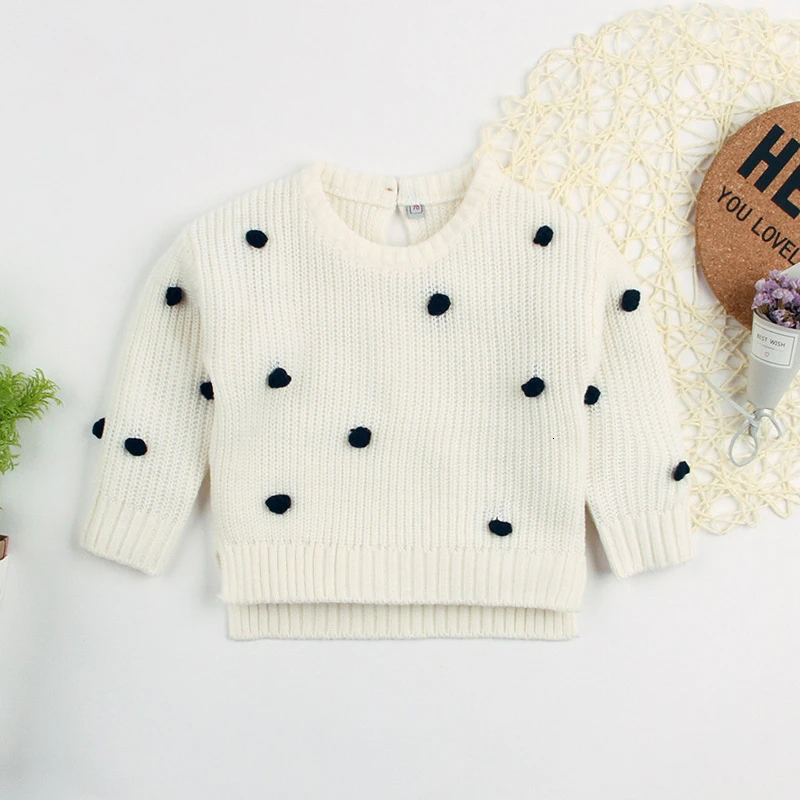 Свитера для новорожденных девочек; детская одежда; Осень-зима г.; вязаный джемпер в горошек с длинными рукавами для малышей; свитер для малышей; Pull Enfant Fille - Цвет: white