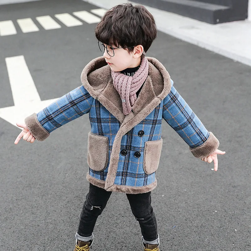 Children's Woolen Coats For Boys Autumn Winter Boy Warm Plaid Jackets Long Hooded Coats Fleece Thick Outerwear Kids Boy Overcoat