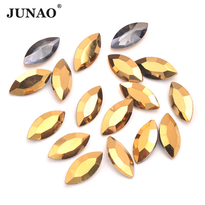 

JUNAO 7x15mm Golden Horse Eye Crystals Pointback Glass Rhinestone Non Hotfix Glue On Gold Strass Stones for Jewelry Making