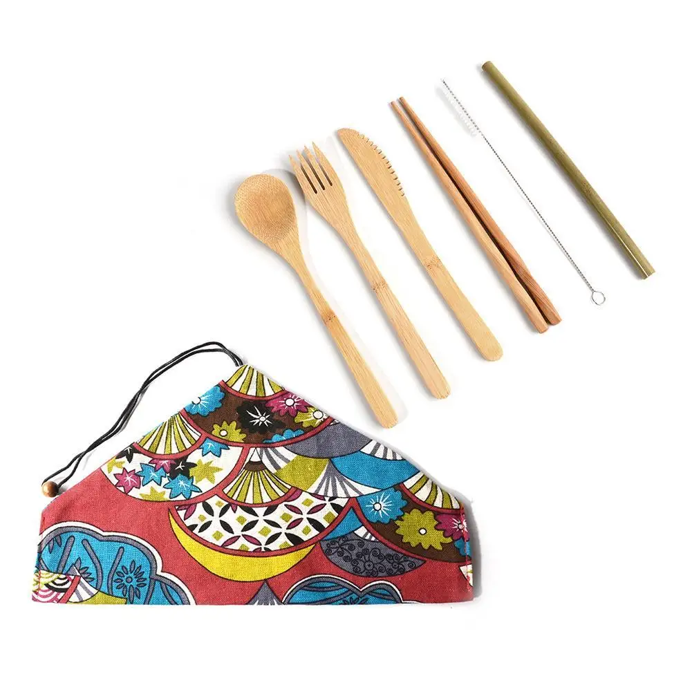 Портативный набор посуды из японского бамбука, столовые приборы, вилка, нож, ложка, палочки для еды, дорожная чайная ложка, соломенная кухонная посуда