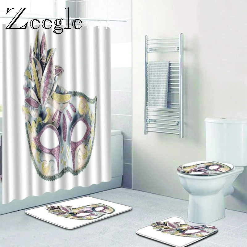 Zeegle Bath Mat with Shower Curtain Set Toilet Pedestal Rug Absorbent Toilet Seat Cover Mat Non-slip Bathroom Carpets Toilet Set