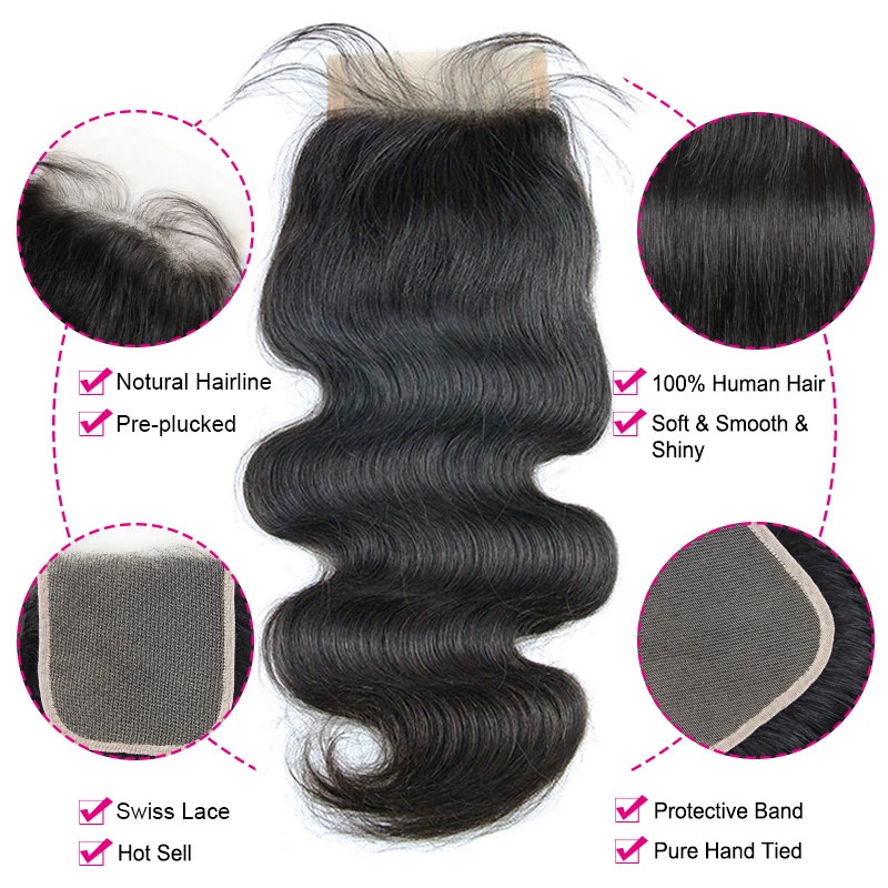 Lace Closure Body Wave Bleached Knots 4*4 Lace Unprocessed Virgin Human Hair Free Part Brazilian Body Closure