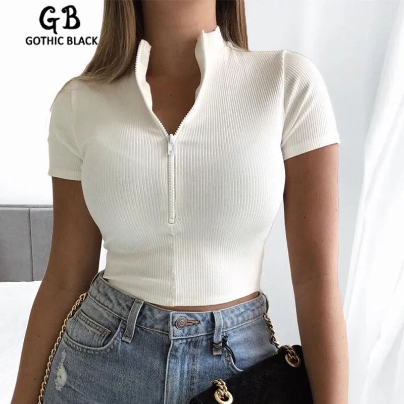 

Gothic Black Women High Neck Splice Short Sleeve Ribbed Slim Short T-shirt Goth Female Streetwear Solid Color Bodycon Crop Tops