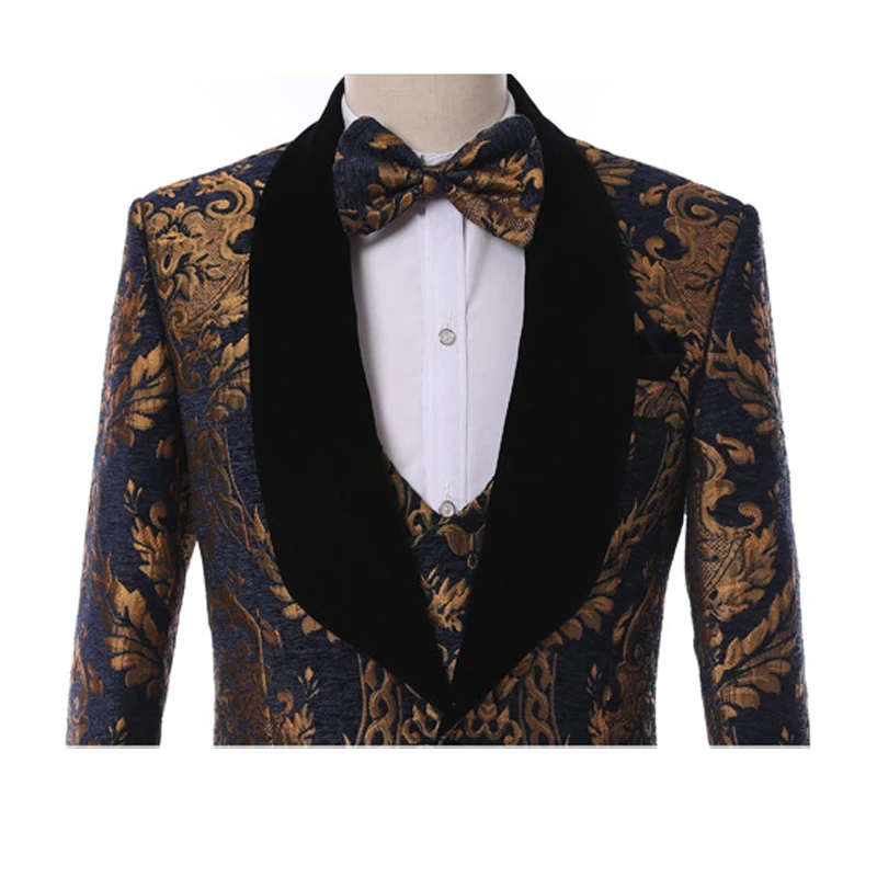 Jacquard Floral Casual Men Suits for Wedding Prom Groom Tuxedos 3 Piece Male Blazer Set with Pants Waistcoat Fashion