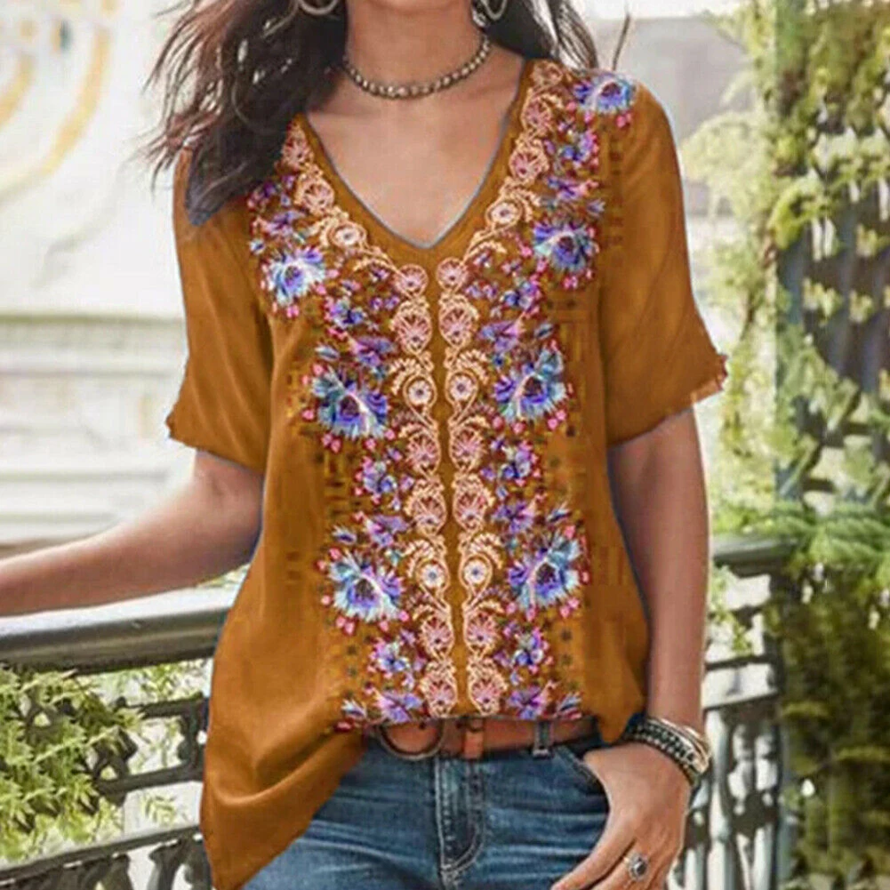 Новые Boho женские винтажные блузки сексуальные V шеи цветочные свободные Облегающая рубашка Топ женские топы с коротким рукавом Блузки пуловер Плюс Размер