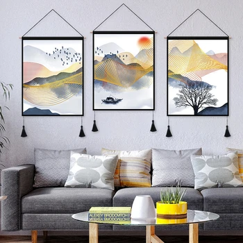 

Creative Golden Striped Wall Hanging Tapestry Scroll Painting Canvas Wall Art Pictures Landscape Bedroom Hallway Decor Tapestry