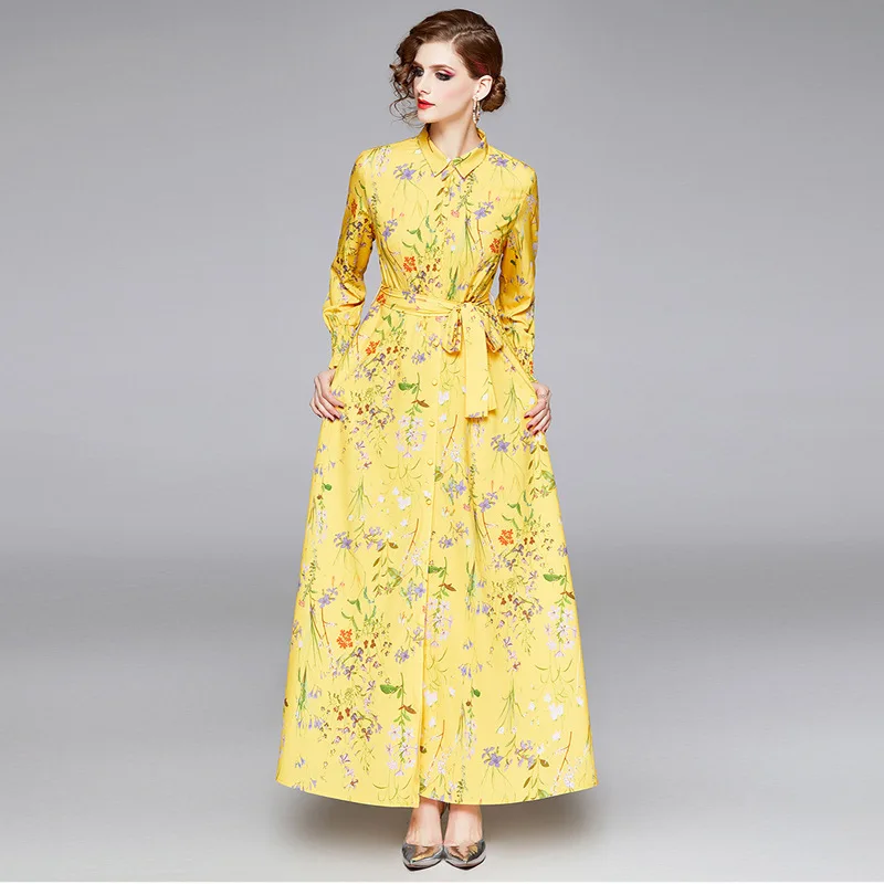 

French Elegant Europe And America Star Catwalks New Style High-End WOMEN'S Dress Elegant Long Skirts Print Shirt Dress