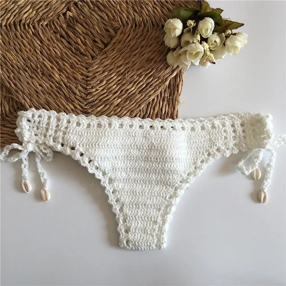 

Summer Ladies Vintage Beach Crochet Panties Vacation Shell Bikini Swim Shorts Solid Low Waist Swimwear For Women 2020 Fashion