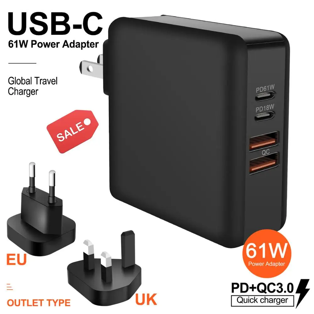 3 в 1 многопортовое USB зарядное устройство для мобильного телефона 61 Вт PD QC3.0 ноутбук быстрый адаптер питания док-станция Быстрая зарядка PD18W порт США/ЕС/Великобритания штекер
