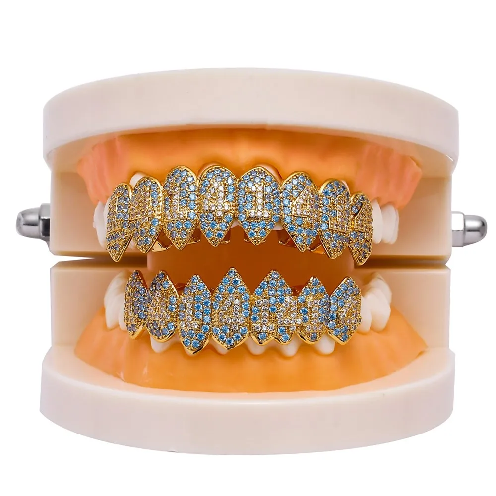 Ювелирные изделия для тела в стиле хип-хоп, 1414 зубы, Grillz Iced Out, Bling AAA, кубический цирконий, восемь, 8, сверху и 7 снизу, вампирский Клык, грили, подарок для косплея