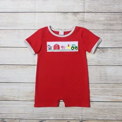 Barboteuse rouge à manches courtes pour garçon, vêtements d'été, poignets rayés bruns, ferme, vache tracteur, motif brodé, barboteuse pour tout petit 