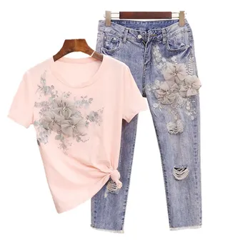 

Women Flower T-shirts Jeans Pants Sets Appliques Embroidery T shirts Holes Jeans Pants Costumes Suits