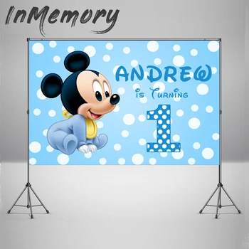 

Vinyl Blue White Polka Dots Cartoon Photocall Custom Mickey Mouse Backdrop Kid 1st Birthday Party Background Banner Baby Shower