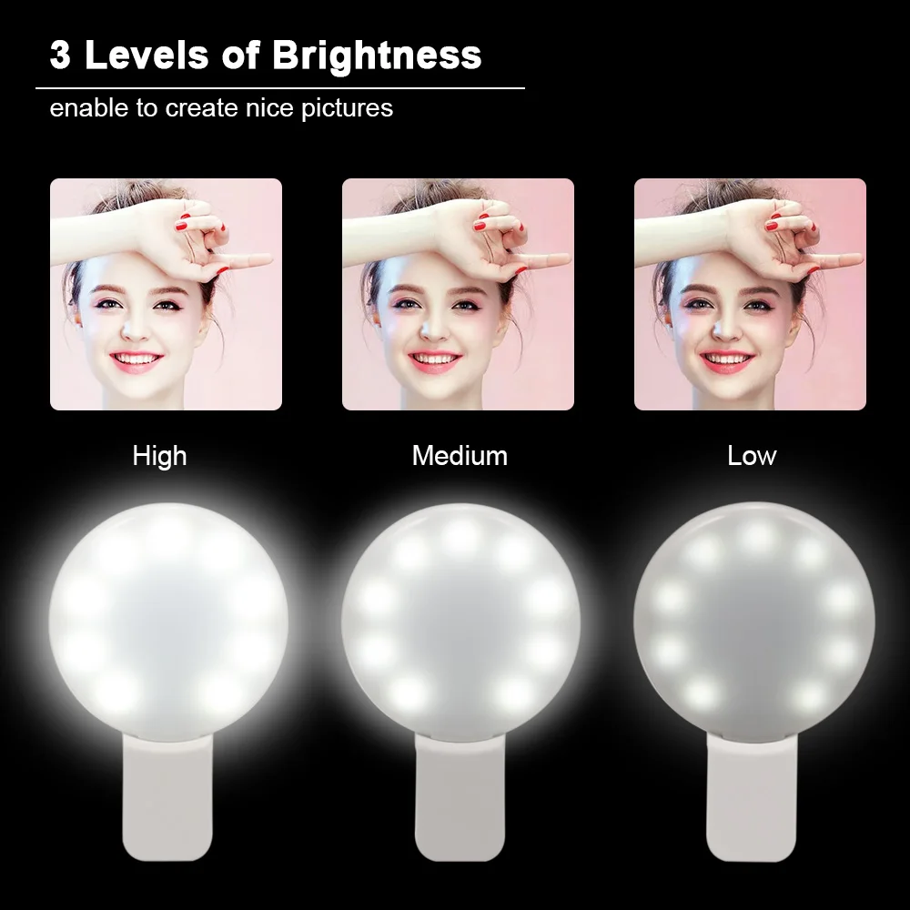 

Mini Selfie Ring Light Rechargeable Selfie LED Camera Light with 3 Levels of Brightness Makeup Light Ring