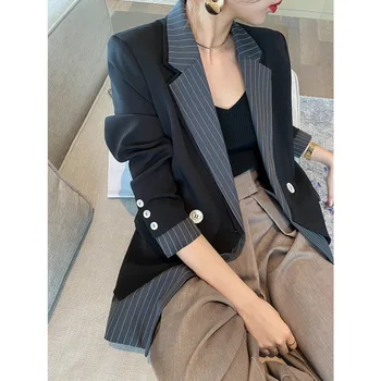 Striped Patchwork Long-Sleeved Double Breasted Notched Jacket 1