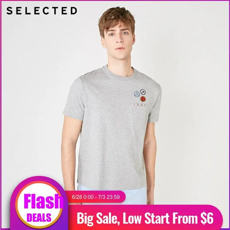  SELECTED Men's Embroidered Drop-shoulder Short-sleeved T-shirt S|419201625 