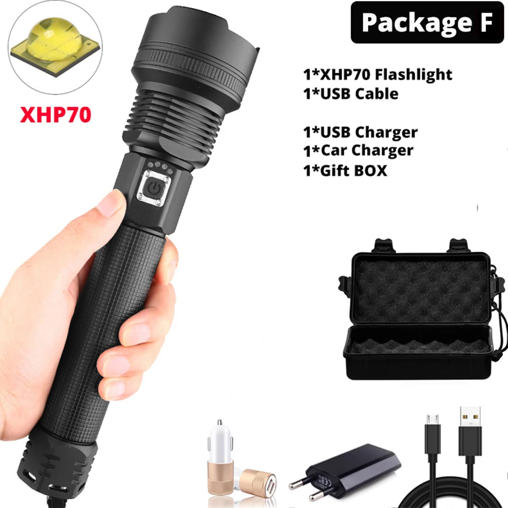 Package F Супер яркий 160000LM XHP90 светодиодный фонарик XLamp Zoom Torch XHP70 USB перезаряжаемая водонепроницаемая лампа использовать 18650 26650 для кемпинга - Испускаемый цвет: Package F