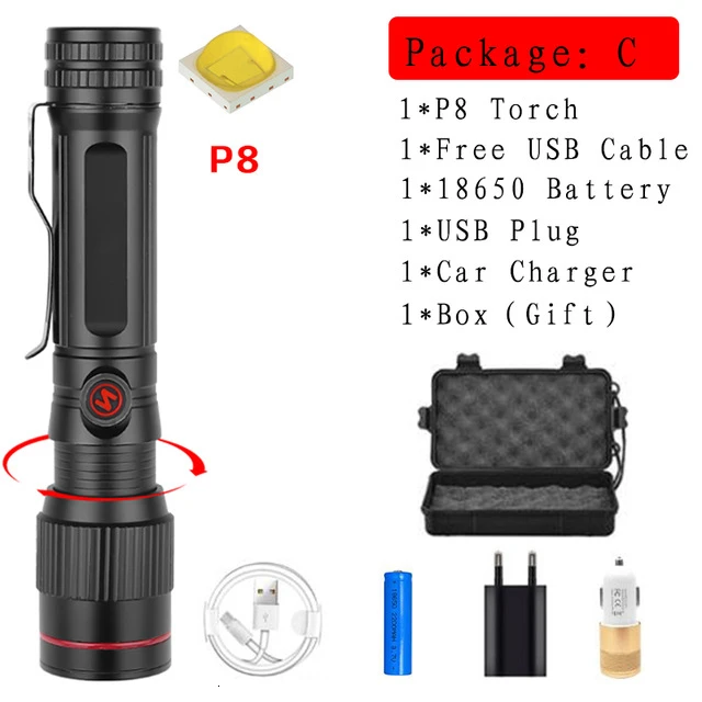 Brightest XHP90 Rechargeable LED Flashlight Powerful XHP70.2 Torch Super Waterproof Zoom Hunting Light Use 18650 or 26650 Battey - Испускаемый цвет: Package C-P8