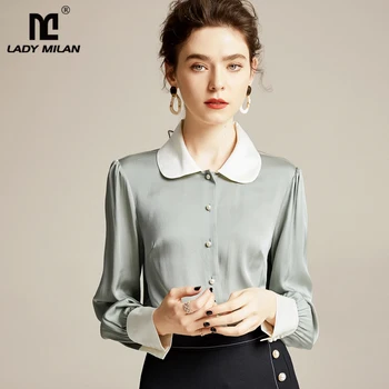

100% Pure Silk Women's Runway Shirts Peter Pan Collar Long Sleeves High Street Fashion Blouse Casual Shirt