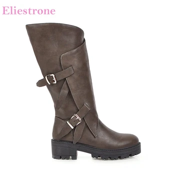 

Winter New Comfortable Brown Coffee Women Platform Motorcycle Boots Med Square Heels Lady Shoes LY17 Plus Big Size 10 43 46