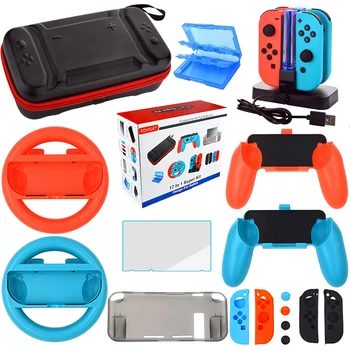 

17 In 1 Accessories Kit for Nintend Switch Games Bundle Wheel Grip Caps Carrying Case Screen Protector Controller Charger