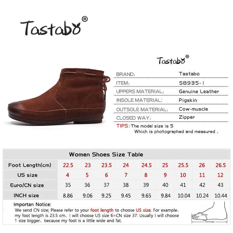 Tastabo 2019 autumn and winter ladies ankle boots Handmade vintage leather everyday shoes S8935-1 Brown caramel women's boots