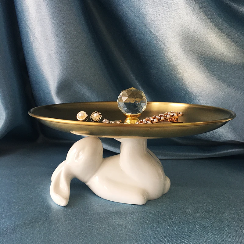 

Cute Rabbit Ceramics Base Stainless Steel Cake Fruit Plate Decorative Dish Coffee Table Ornament Storage Tray Home Dessert Table