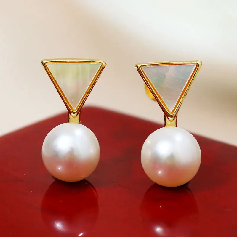 

DMCEFP074 7-8MM White Freshwater Pearl Earrings Triangle Shape 925 Sterling Silver Earrings Women Gift