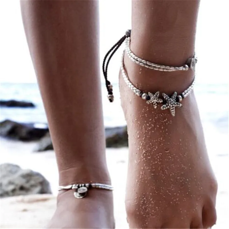 

WKOUD Bohemian Ethnic Retro Anklet Wind Starfish Rune OM Yoga Pendant Anklet Beach Foot Ring Ocean Jewelry Drop Shipping