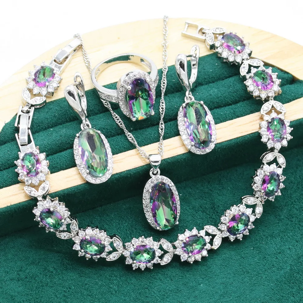 

Rainbow Topaz 925 Sterling Silver Jewelry Sets For Women Bracelet Earrings Necklace pendant Ring Classic Birthday Gift