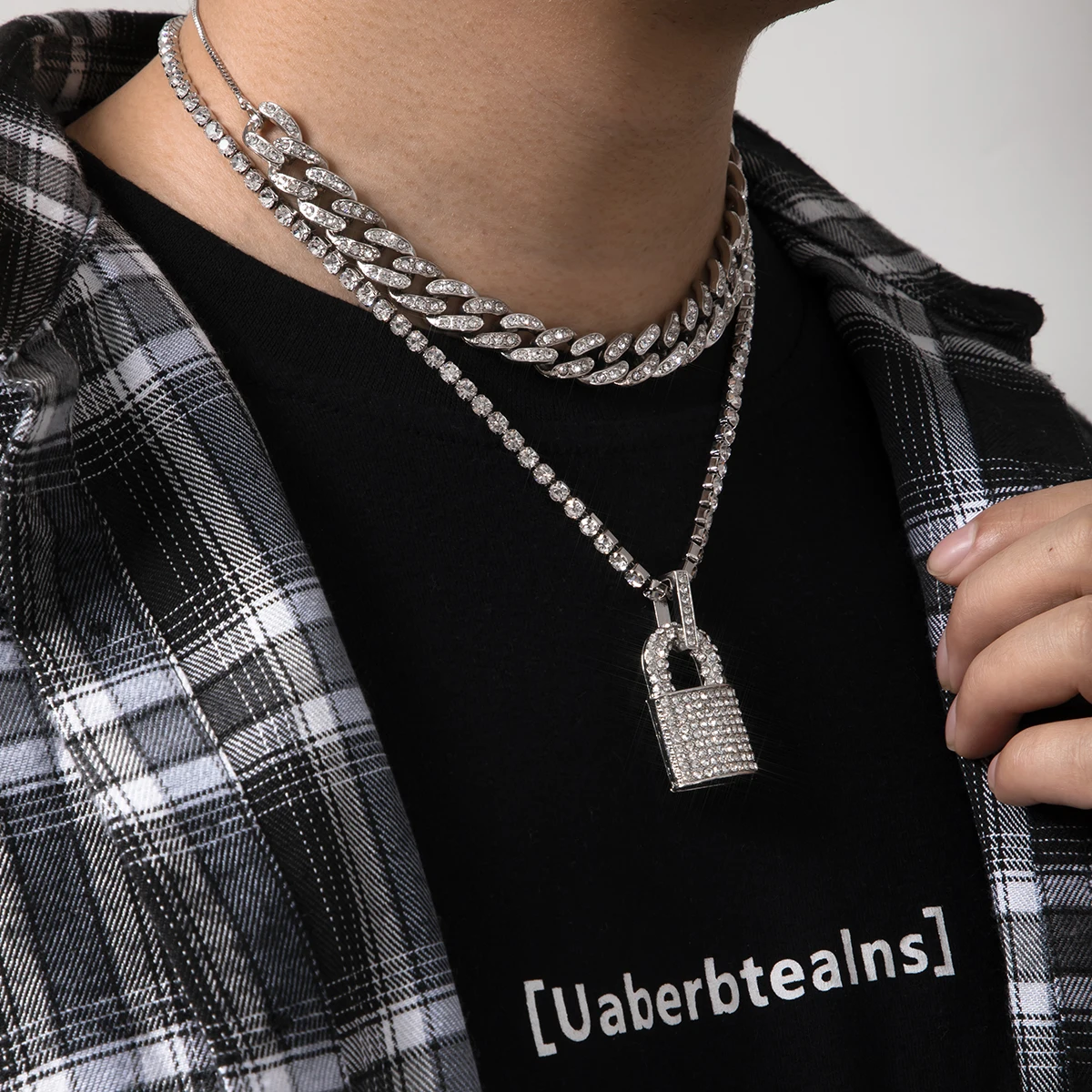 KunJoe 2021 New Hip Hop Bling Lock Pendant Choker Iced Out Shiny Cubic Zircon Necklace For Men Charm Jewelry Fashion Punk China