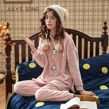 

JULY'S SONG Autumn Winter Women Sleepwear Set Flannel Pajamas Suit Cartoon Thick Warm Nightshirt Pyjamas Ladies Nightclothes