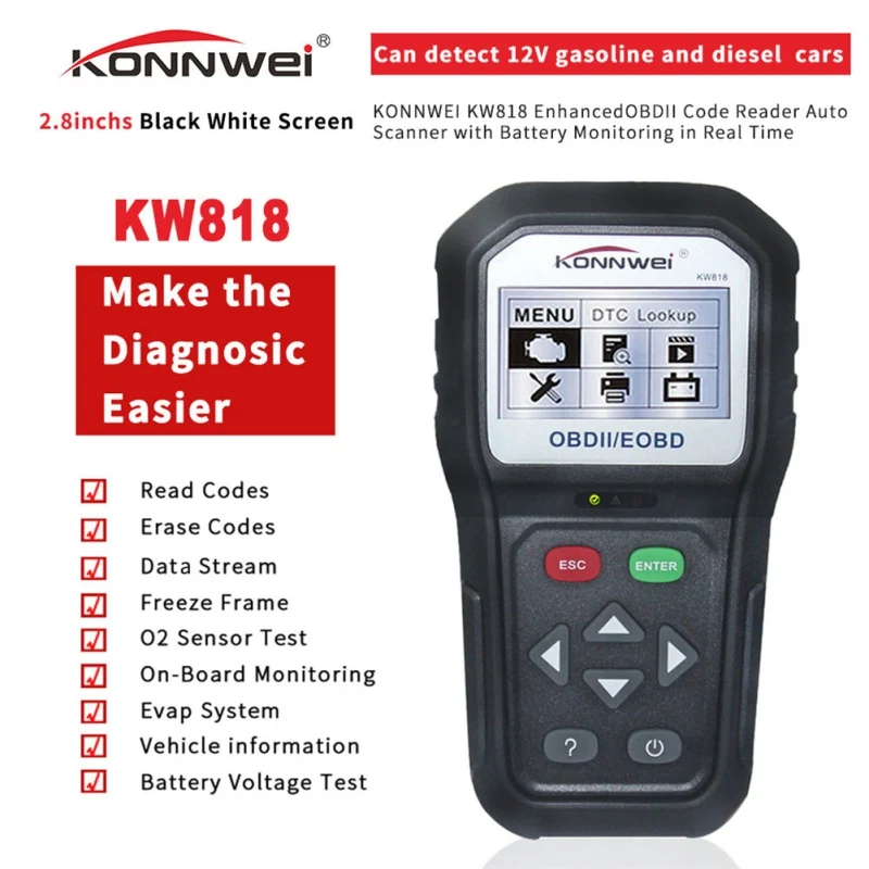 

2019 KONNWEI KW818 OBDII ODB2 EOBD Car Diagnostic Scanner 12V Battery Tester Check Engine Engine Automotive Code Reader Tool New