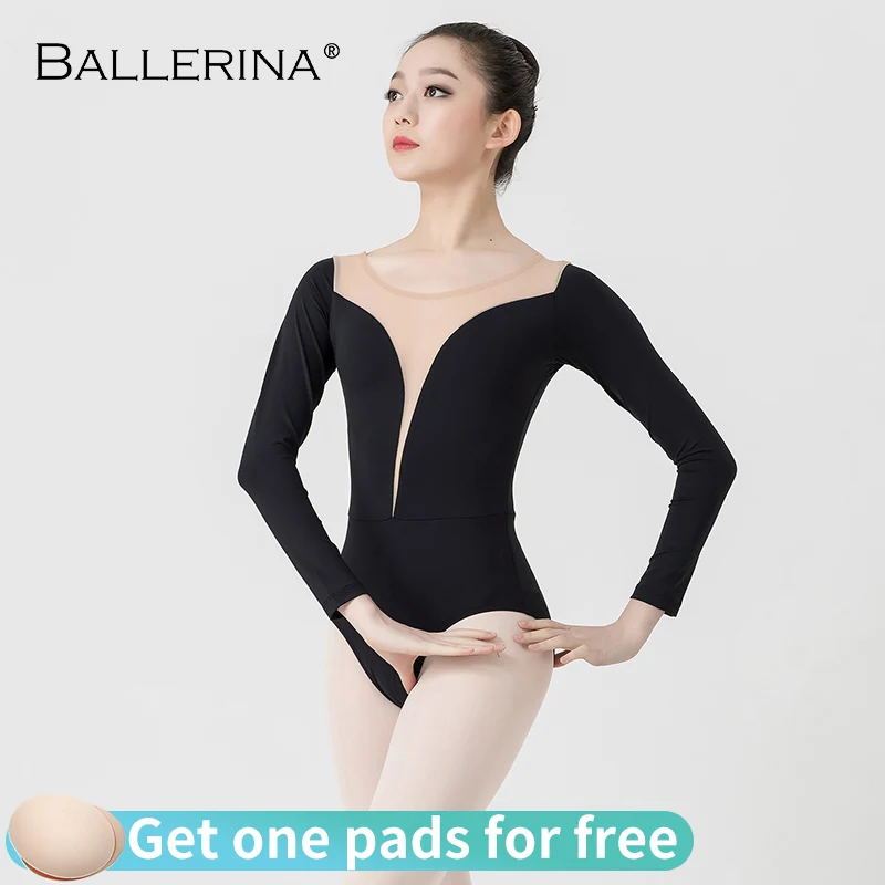 

ballet leotards for women balck long sleeve dance Practice gymnastics deep V mesh Leotards Ballerina 5891