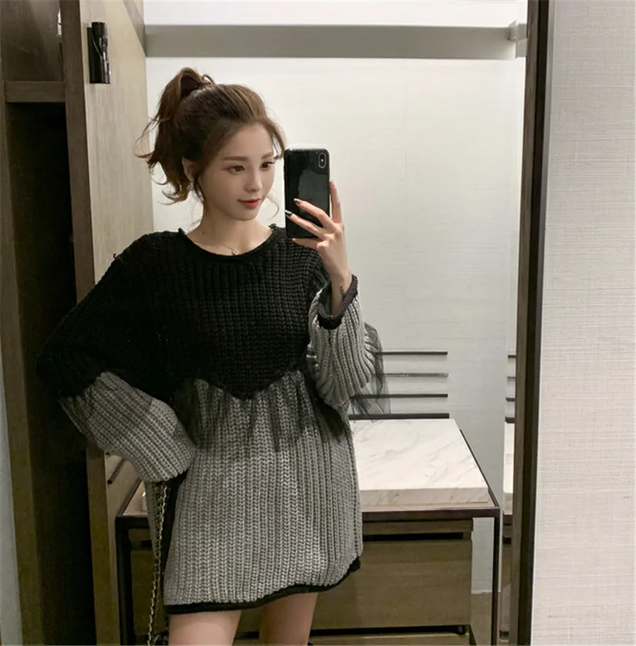 Одежда кружевные лоскутные пуловеры Корейские осенние новые модные длинные женские свитера с длинным рукавом О-образный вырез трикотаж