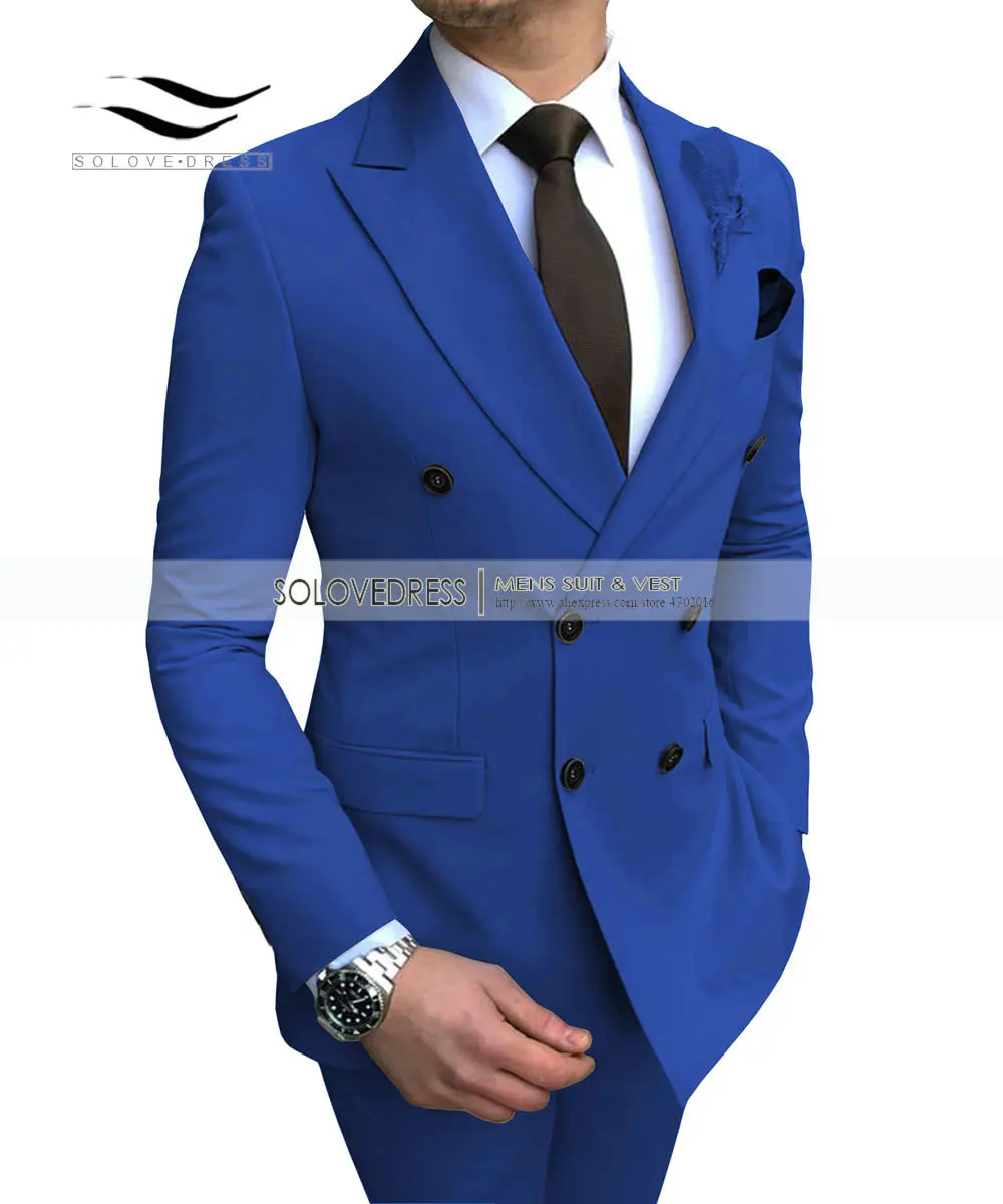 Blue Solovedress мужской однотонный Костюм Премиум Свадебные смокинги Slim Fit 2 шт. Выпускной Блейзер жилет под смокинг и брюки бордовый двубортный - Цвет: Blue