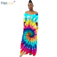 HAOYUAN Tie Dye сексуальное Макси платье женское осеннее с открытыми плечами длинное платье размера плюс свободное с коротким рукавом Бохо богемное пляжное платье