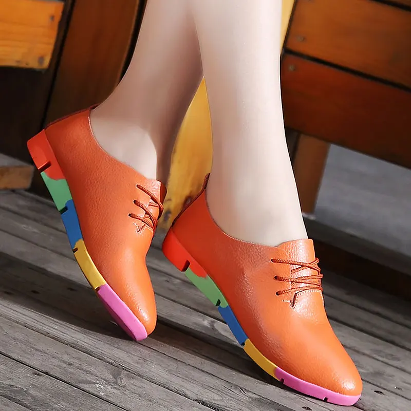 Женская обувь на плоской подошве; женская обувь с цветной подошвой; женские лоферы; обувь из натуральной коровьей кожи; женские слипоны; женские кроссовки в горошек - Цвет: 910 Orange