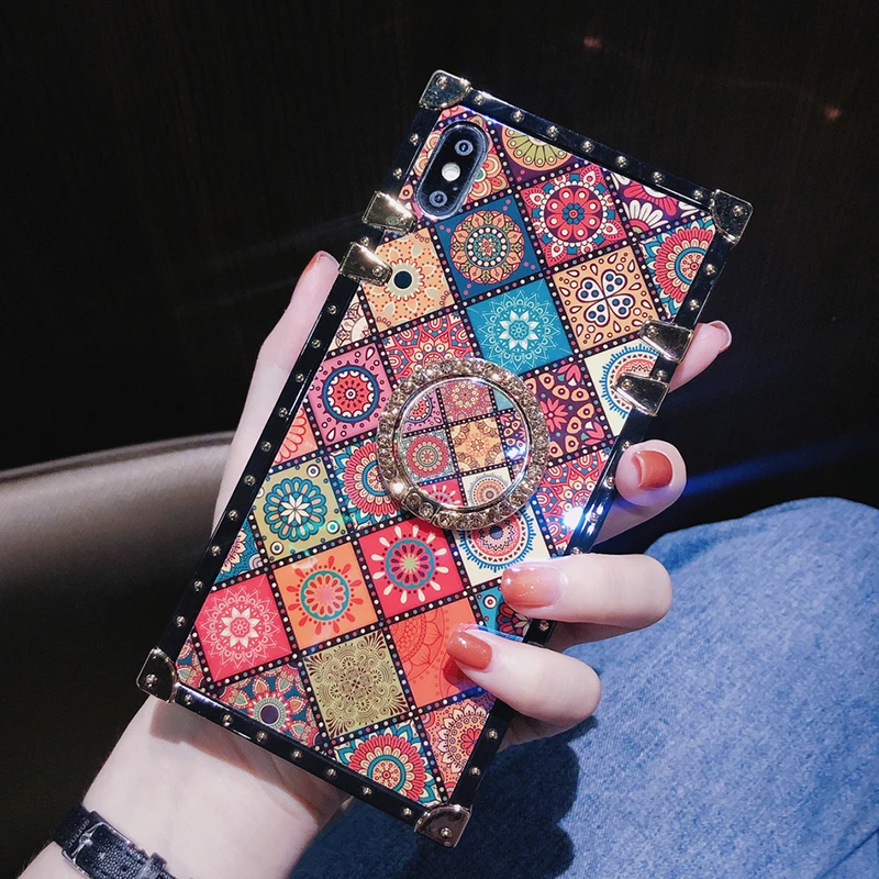 Luxury Square Blu-ray Bohemian Ethnic Style Frame Case for iPhone 7 8 Plus 6 s 11 pro xr xs Max X Soft Silicon for Samsung Cover (15)
