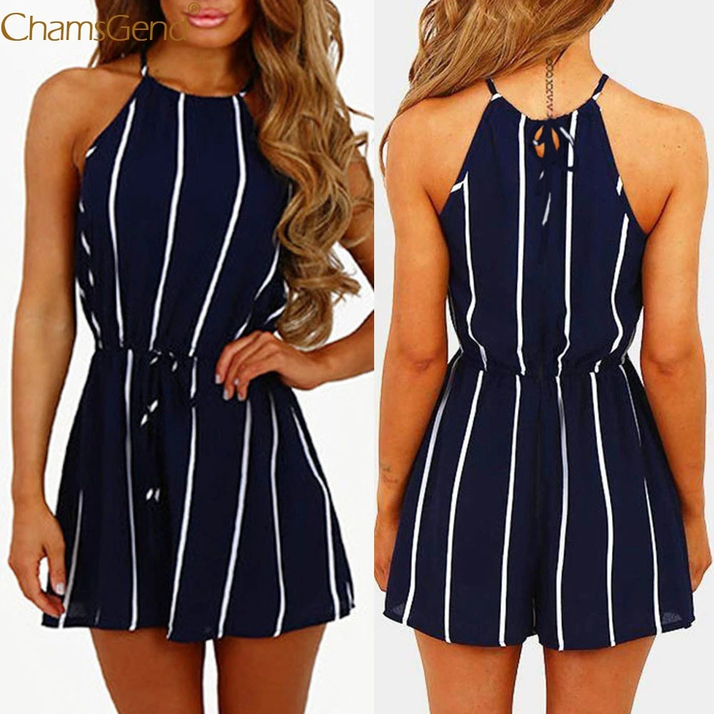 mujer ropa traje verano de las mujeres de la raya del hombro sin mangas de los mamelucos del mono del mono del Partido Playsuit