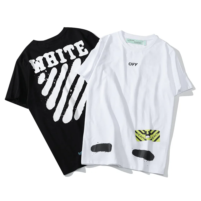 

19ss Summer European And American Streets Ink Small Yellow Stickers Stripes Printed Loose-Fit Short Sleeves Men And Women Loose-