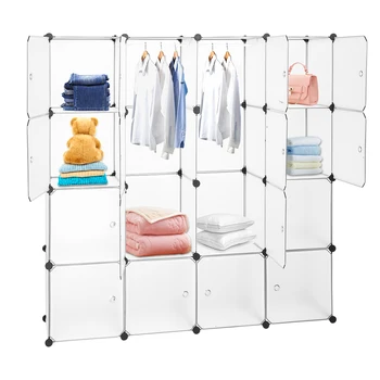 

DIY Modular Closet Bookcase Organizer Plastic Cabinet 16 Cubes Wardrobe Cubby Shelving Storage Drawer Unit System with Doors